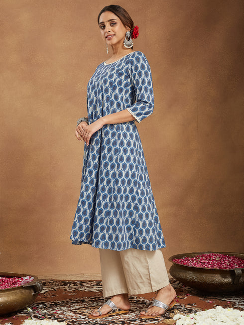 Janasya Women's Indigo Blue & Beige Pure Cotton Paisley Printed Anarkali Kurta With Palazzo Set